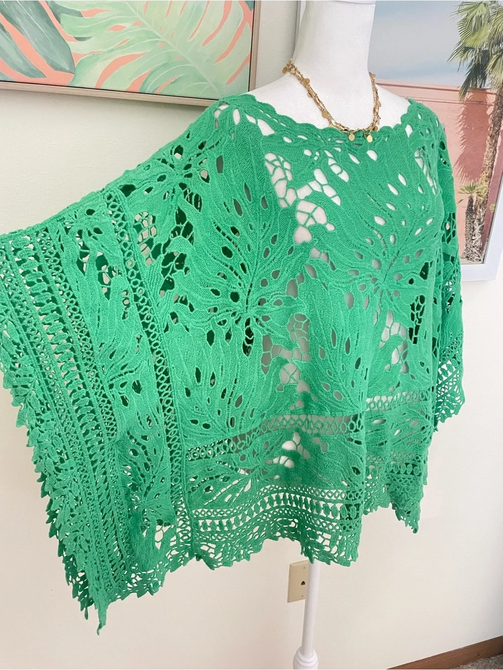 Chico’s Kelly Green Crochet Tropical Monstera Poncho Coverup Size Large/XL_3